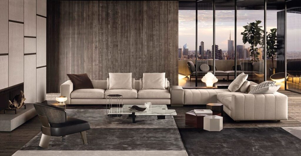 Minotti modular sofa in neutral tones — contemporary Italian design and refined craftsmanship.