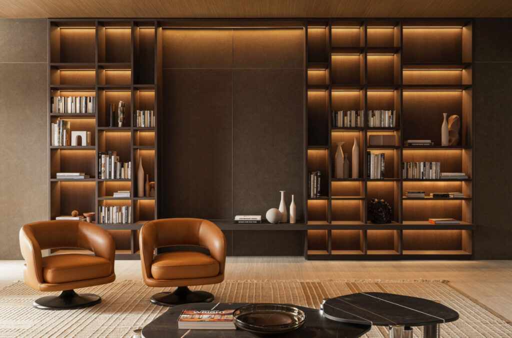 Molteni&C living room with modular wall system and wooden finishes — modern Italian interior design.