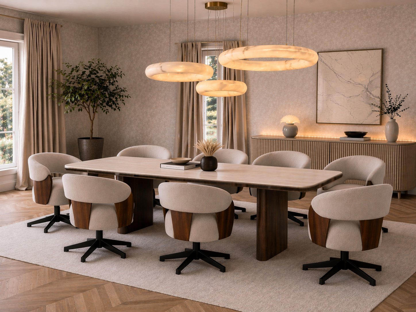 Marbella Elegant Mediterranean-inspired dining room design wood and travertine